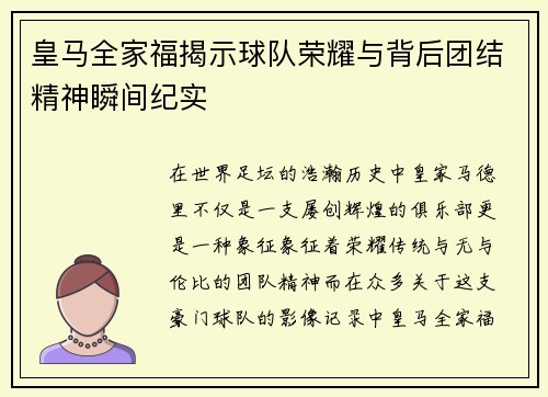 皇马全家福揭示球队荣耀与背后团结精神瞬间纪实