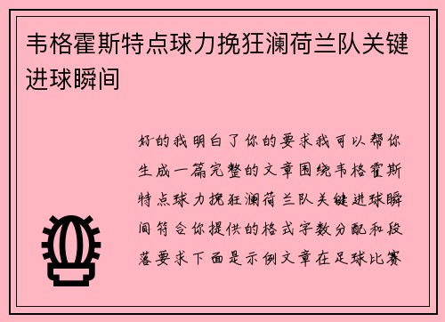 韦格霍斯特点球力挽狂澜荷兰队关键进球瞬间